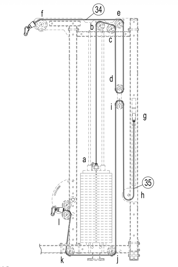 Diagram of a SMAI Freestanding Lat Pull/Low Row machine with labeled parts, highlighting the cable path and identifying the AF1002S-C35 Replacement Cable within its vertical rectangular frame.