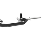 A close-up of the SMAI The Yard - Open Hex Trap Bar - Tri Grip Rotating Handle, featuring silver handles and "THE YARD" engraved on the side, designed for weightlifting, set against a plain white background.