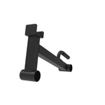 The Yard - Single Barbell Jack by SMAI: a black metal fitness attachment with a rectangular base, cylindrical grip handles, and tubular bottom section. Ideal Olympic barbell accessory for power or squat racks. Shown on a white background.