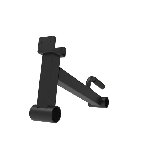 The Yard - Single Barbell Jack by SMAI: a black metal fitness attachment with a rectangular base, cylindrical grip handles, and tubular bottom section. Ideal Olympic barbell accessory for power or squat racks. Shown on a white background.