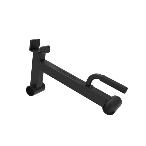The Yard - Single Barbell Jack by SMAI is a black metal gym attachment with padded handles and mounting brackets, designed as a versatile Olympic barbell accessory for connecting to exercise equipment or rigs.