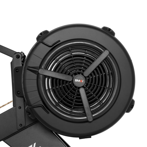 Close-up of the SMAI AirMag X Rower’s black circular fan housing with a protective grille.