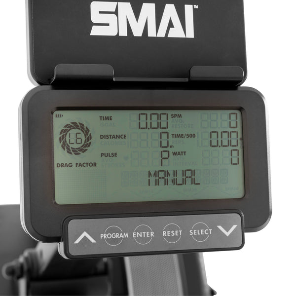 SMAI AirMag X Rower console displaying metrics including time, distance, pulse, calories, and drag factor.