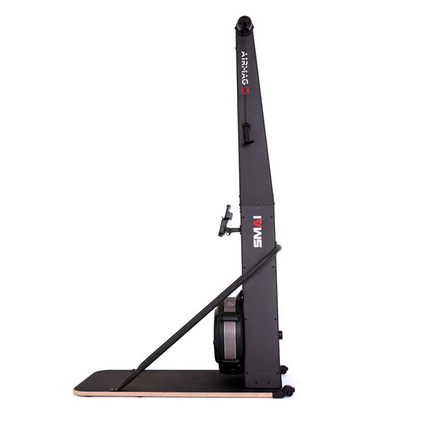 Side profile of a black SMAI AirMag X Skier on a floor stand.
