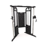 The SMAI Functional Trainer is a black and silver cable crossover machine with dual weight stacks, adjustable pulleys, and handles—perfect for home gym strength training. A sturdy frame displays the "SMAI" brand at the top.