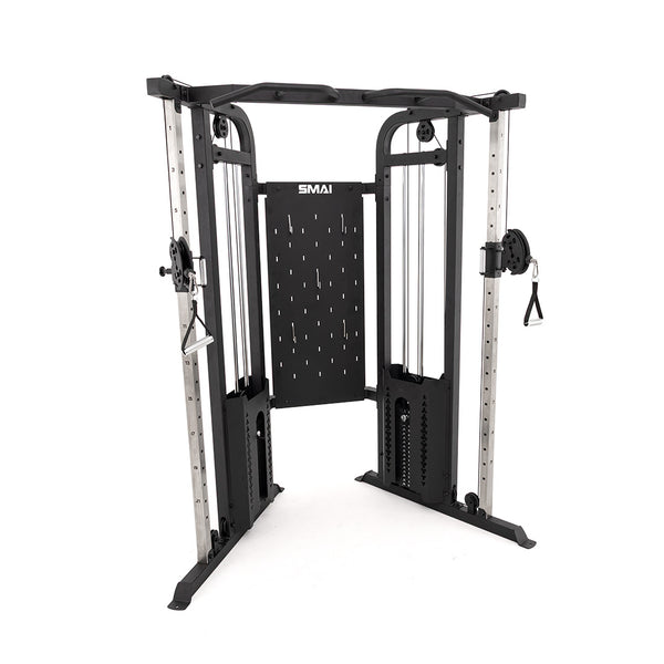The SMAI Functional Trainer is a black and silver cable crossover machine with dual weight stacks, adjustable pulleys, and handles—perfect for home gym strength training. A sturdy frame displays the "SMAI" brand at the top.