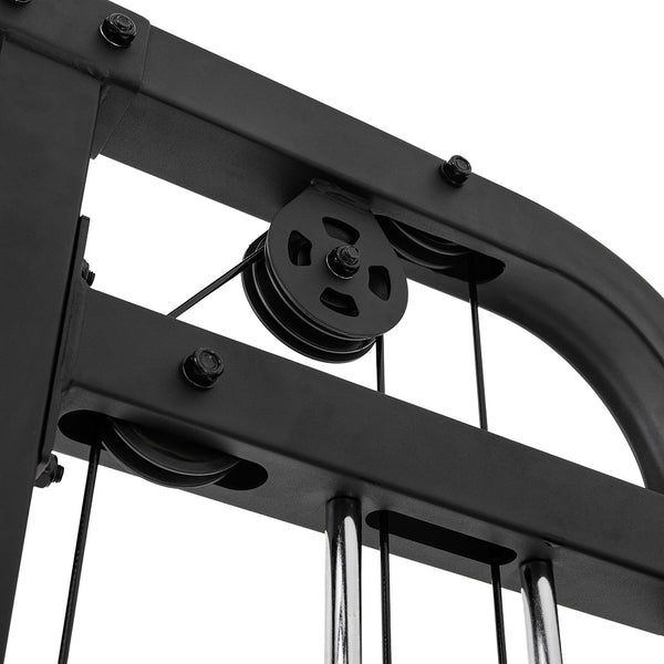 Close-up of the pulley system on the SMAI Functional Trainer, highlighting cables, bolts, and metal rods that guide weights from the dual weight stack for effective home gym workouts.