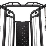 A close-up of the top section of the SMAI Functional Trainer shows pull-up bars, pulleys, and dual weight stacks—perfect for any home gym setup.
