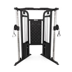 The SMAI Functional Trainer features a black and silver design with adjustable pulleys, two handles, and a central weight stack—ideal for strength training in home gyms or commercial spaces.