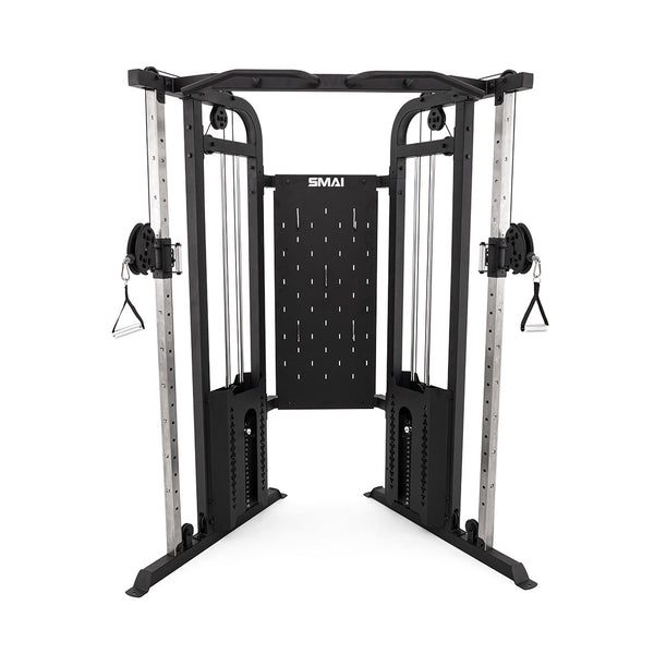 The SMAI Functional Trainer features a black and silver design with adjustable pulleys, two handles, and a central weight stack—ideal for strength training in home gyms or commercial spaces.