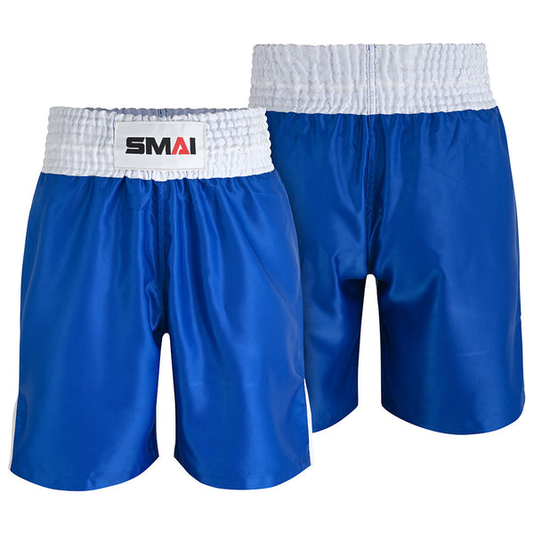 Two pairs of SMAI Boxing Competition Shorts - Blue, made from satin polyester with white extra-wide waistbands, are shown from front and back. The front waistband has a rectangular black, red, and white "SMAI" logo.