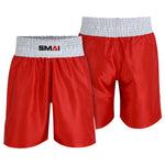Two pairs of SMAI Boxing Competition Shorts - Red, made from satin polyester, each with a wide white elastic waistband and the “SMAI” logo on the front. One pair is shown front-facing, the other from the back.
