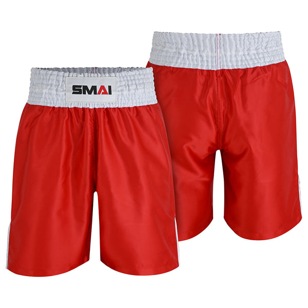 Two pairs of SMAI Boxing Competition Shorts - Red, made from satin polyester, each with a wide white elastic waistband and the “SMAI” logo on the front. One pair is shown front-facing, the other from the back.