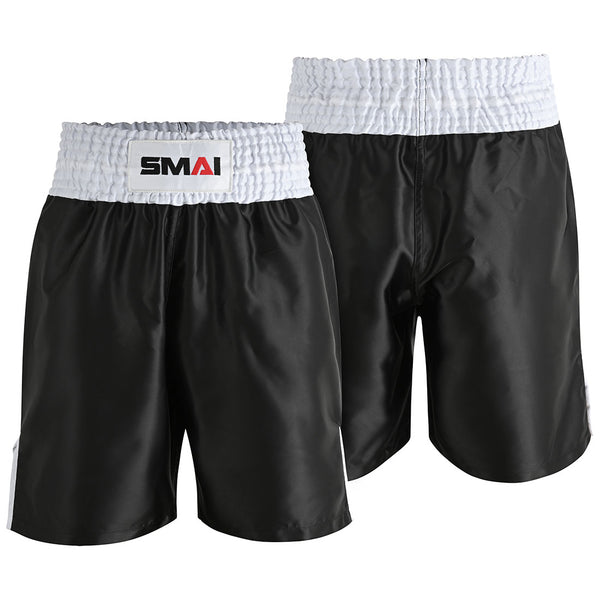 The SMAI Boxing Competition Shorts - Black are black satin polyester shorts with an extra-wide white elastic waistband and the "SMAI" logo on the front, shown from both front and back angles.