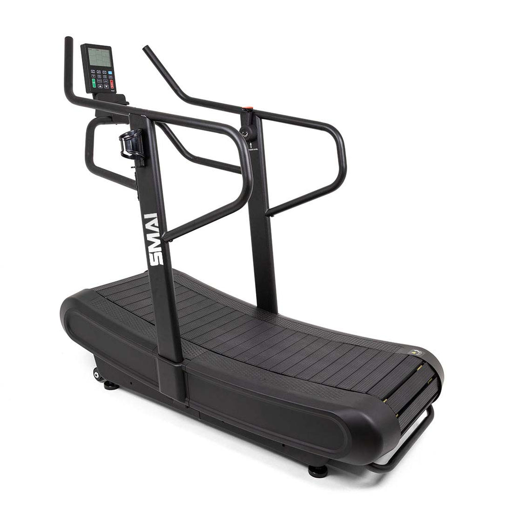 The SMAI Air Runner Curved Treadmill with Adjustable Resistance features handrails, magnetic resistance, a display monitor, and a textured running surface—ideal for efficient indoor exercise and fitness training.