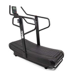 The SMAI Air Runner Curved Treadmill with Adjustable Resistance features handrails, magnetic resistance, a display monitor, and a textured running surface—ideal for efficient indoor exercise and fitness training.