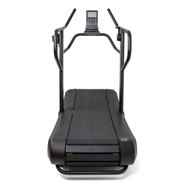 The SMAI Air Runner Curved Treadmill with Adjustable Resistance is a black non-motorised treadmill featuring side handles and a digital display panel, shown from the front against a plain white background.