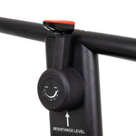 Close-up of the SMAI Air Runner Curved Treadmill’s black handlebar with a round magnetic resistance dial (levels 1–5, "LOW" to "HIGH") and a red-tipped lever above it—a hallmark feature of this non-motorised treadmill's adjustable design.