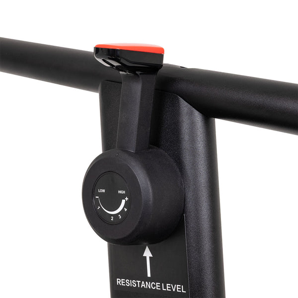Close-up of the SMAI Air Runner Curved Treadmill’s black handlebar with a round magnetic resistance dial (levels 1–5, "LOW" to "HIGH") and a red-tipped lever above it—a hallmark feature of this non-motorised treadmill's adjustable design.