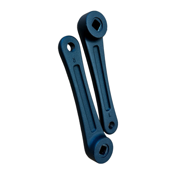 The SMAI Air Spin - Crank Set Left and Right includes two blue metal crank arms, each with a square axle hole and pedal mounting hole. Marked "R" and "L," they’re perfect as a replacement or spare set for your Air Spin Bike.