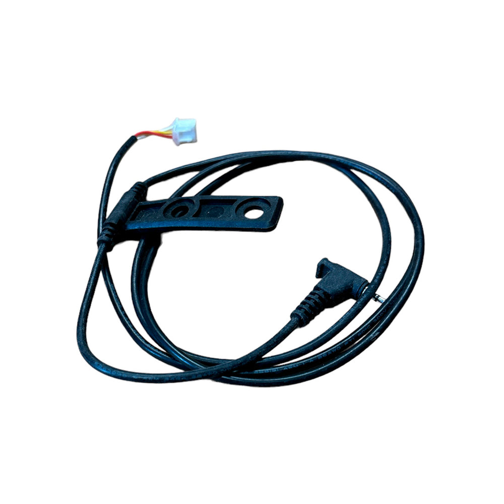 The SMAI Air Spin - Generator Wire is a black electronic sensor cable with a white connector and black mounting bracket, perfect as a spare part for your Air Spin Bike.