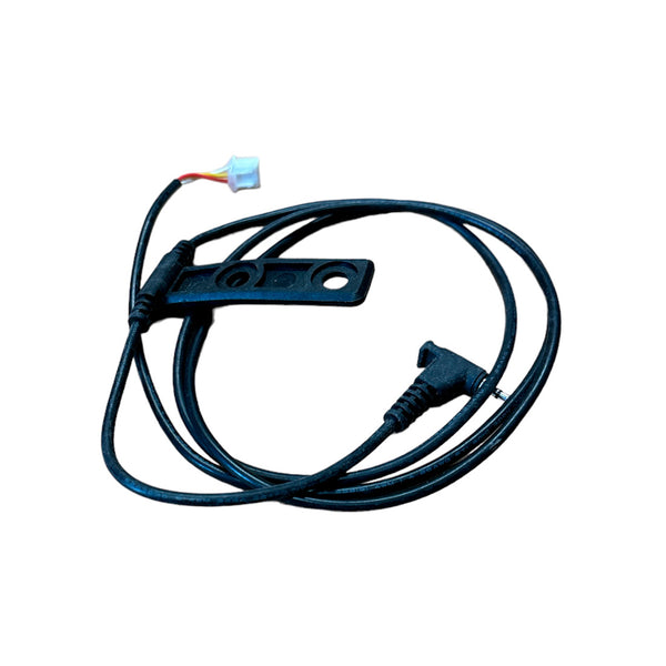 The SMAI Air Spin - Generator Wire is a black electronic sensor cable with a white connector and black mounting bracket, perfect as a spare part for your Air Spin Bike.