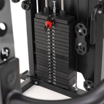 Close-up of the SMAI All in 1 Functional Trainer’s weight stack with black plates, numbered kg labels, and a red pin at 22 kg. Metal rods and cables are visible—ideal for any home gym or functional training setup.