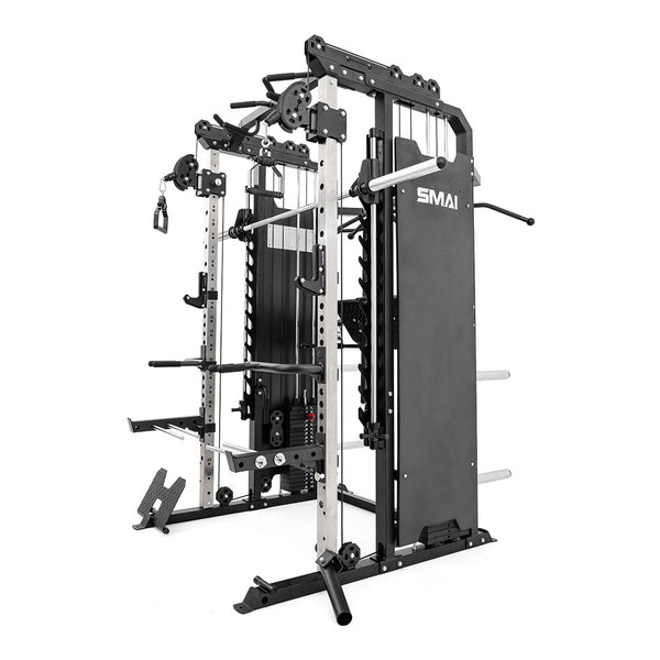 The SMAI All in 1 Functional Trainer is ideal for home gyms, offering commercial-grade features like pull-up bars, weight stacks, cable pulleys, and barbell racks in a black frame with metal accents and the SMAI logo.