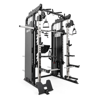 The SMAI All in 1 Functional Trainer is a multifunctional home gym with pull-up bars, cable pulleys, smith bar, weight storage pegs, and multiple handles for commercial-grade strength training and resistance workouts.