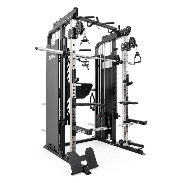 The SMAI All in 1 Functional Trainer is a multifunctional home gym with pull-up bars, cable pulleys, smith bar, weight storage pegs, and multiple handles for commercial-grade strength training and resistance workouts.