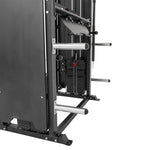 A close-up view of the SMAI All in 1 Functional Trainer—featuring weight stacks, adjustable pulleys, and horizontal bars for plate storage—perfect for home gyms or commercial use.