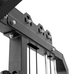 Close-up of the SMAI All in 1 Functional Trainer, showcasing its sturdy metal framework, bolts, and cables engineered for commercial-grade strength training in your home gym.