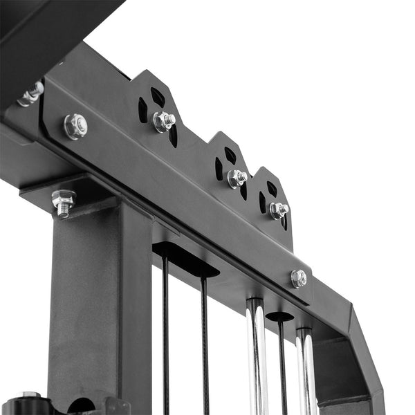 Close-up of the SMAI All in 1 Functional Trainer, showcasing its sturdy metal framework, bolts, and cables engineered for commercial-grade strength training in your home gym.