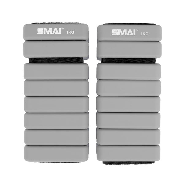 A pair of SMAI Weighted Ankle/Wrist Bracelets 1KG (Pair) in grey, with black straps between segmented blocks—ideal for resistance training or wearing as wrist or ankle weights.