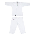 The SMAI WKF Karate Uniform - Premium Kata Gi - Arashi, featuring a logo and red label on the jacket, adheres to WKF Approved standards. This white uniform includes matching pants with a logo near the waist, all set against a plain white background.