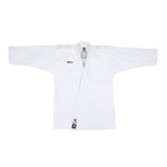 The WKF Karate Uniform - Premium Kata Gi - Arashi by SMAI is displayed flat, featuring long sleeves and an open front. It includes several patches like a small logo on the left chest and a label on the lower front, showcasing its WKF approval by the Karate Federation.