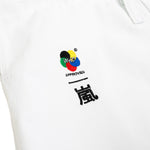 A detailed look at the WKF Karate Uniform - Premium Kata Gi - Arashi by SMAI reveals a vibrant WKF logo, "WKF APPROVED" text, and elegant black kanji embroidery, reflecting the Karate Federation's prestige.