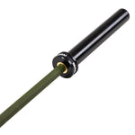 A close-up of the SMAI Barbell - Army Green Ceramic Coat - 15kg, featuring a green textured grip, smooth black sleeve, and rust resistant finish—ideal for intense training. Brand name "SMAI" appears on the collar.