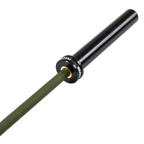 A close-up of the SMAI Barbell - Army Green Ceramic Coat - 15kg, featuring a green textured grip, smooth black sleeve, and rust resistant finish—ideal for intense training. Brand name "SMAI" appears on the collar.
