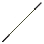 The SMAI Barbell - Army Green Ceramic Coat - 15kg features black sleeves and an olive green ceramic coated shaft for a stylish, rust-resistant finish, shown diagonally on a white background.
