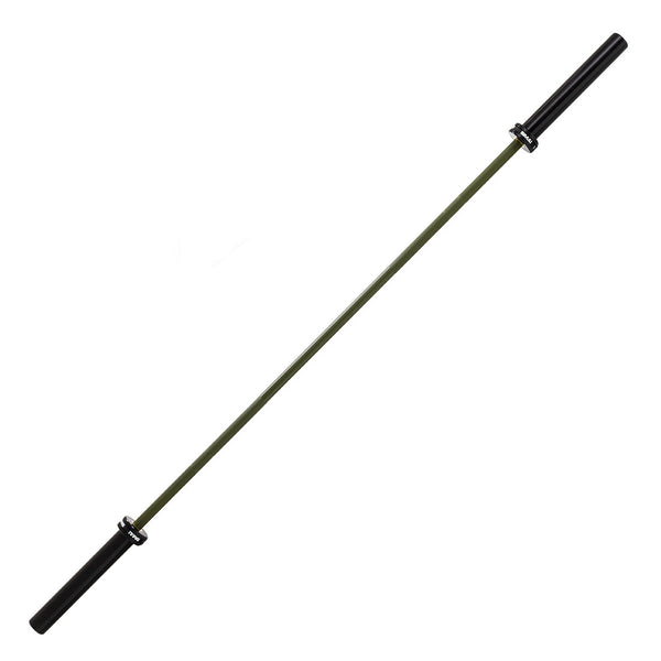The SMAI Barbell - Army Green Ceramic Coat - 15kg features black sleeves and an olive green ceramic coated shaft for a stylish, rust-resistant finish, shown diagonally on a white background.