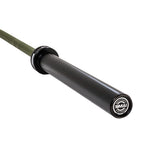 A close-up of the SMAI Barbell - Army Green Ceramic Coat - 20kg shows the black sleeve and branded end cap. This barbell is rust resistant, durable, and stylish.