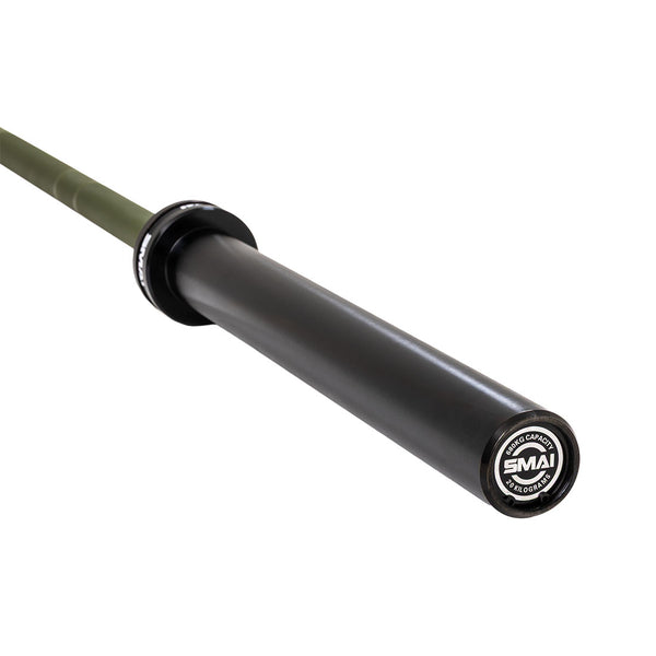 A close-up of the SMAI Barbell - Army Green Ceramic Coat - 20kg shows the black sleeve and branded end cap. This barbell is rust resistant, durable, and stylish.