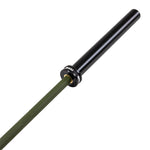 A close-up of the Barbell - Army Green Ceramic Coat - 20kg features a rust-resistant, olive green textured shaft and smooth black sleeve, with the SMAI brand name visible near the collar.
