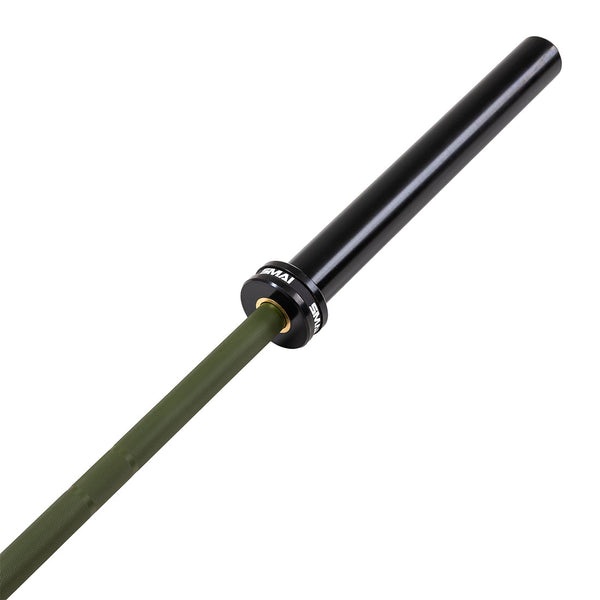 A close-up of the Barbell - Army Green Ceramic Coat - 20kg features a rust-resistant, olive green textured shaft and smooth black sleeve, with the SMAI brand name visible near the collar.