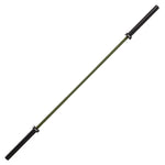 The SMAI Barbell - Army Green Ceramic Coat - 20kg features black sleeves and a green shaft, Olympic-style, displayed on a white background.