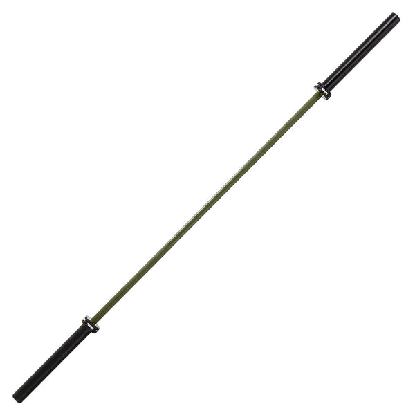 The SMAI Barbell - Army Green Ceramic Coat - 20kg features black sleeves and a green shaft, Olympic-style, displayed on a white background.