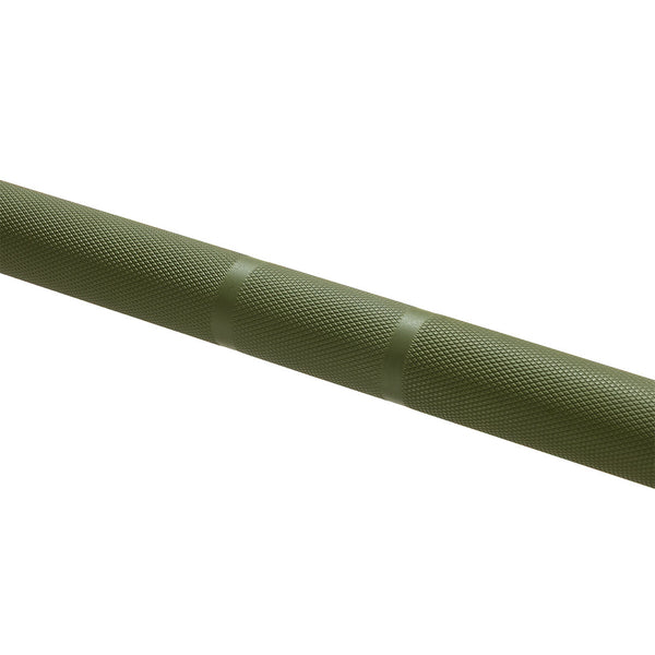 A close-up of the SMAI Barbell - Army Green Ceramic Coat - 20kg shows its knurled grip and smooth markings, combining rust-resistant durability with long-lasting performance.