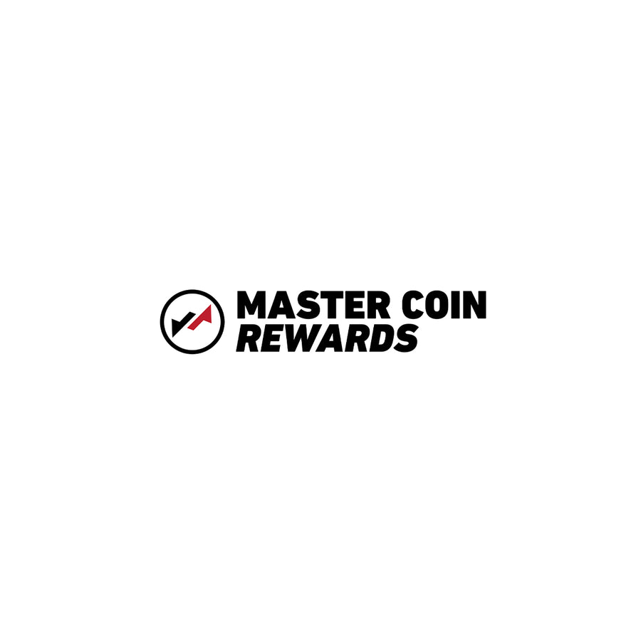 Logo of "Master Coin Rewards" featuring the text in black. To the left, there's a circular icon with a rising red arrow, symbolizing growth or increase. The background is white.
