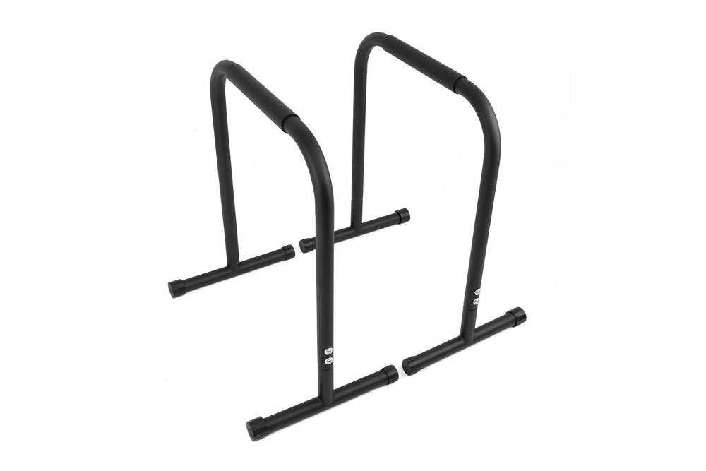 Two black metal parallel bars with horizontal bases, designed for bodyweight exercises such as dips or push-ups, set against a plain white background.